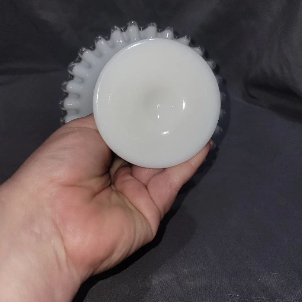 Vintage Fenton Silver Crest Ruffled Compote Milk Glass Pedestal Candy Dish